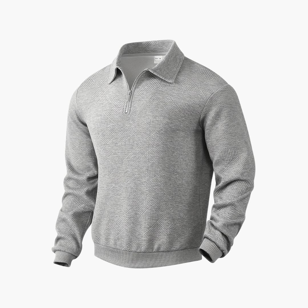 Men's gray textured knit half-zip pullover with shawl collar, smart casual everyday comfort fit