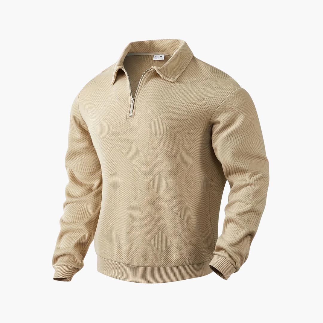Men's navy textured knit half-zip pullover with shawl collar, smart casual everyday comfort layering top