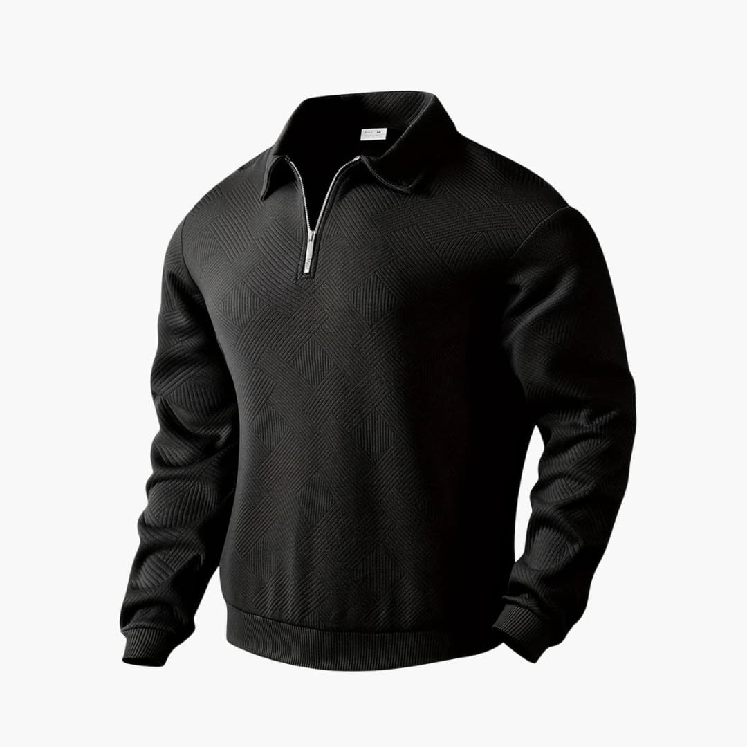 Men's navy textured knit half-zip pullover with shawl collar, smart casual everyday comfort fit