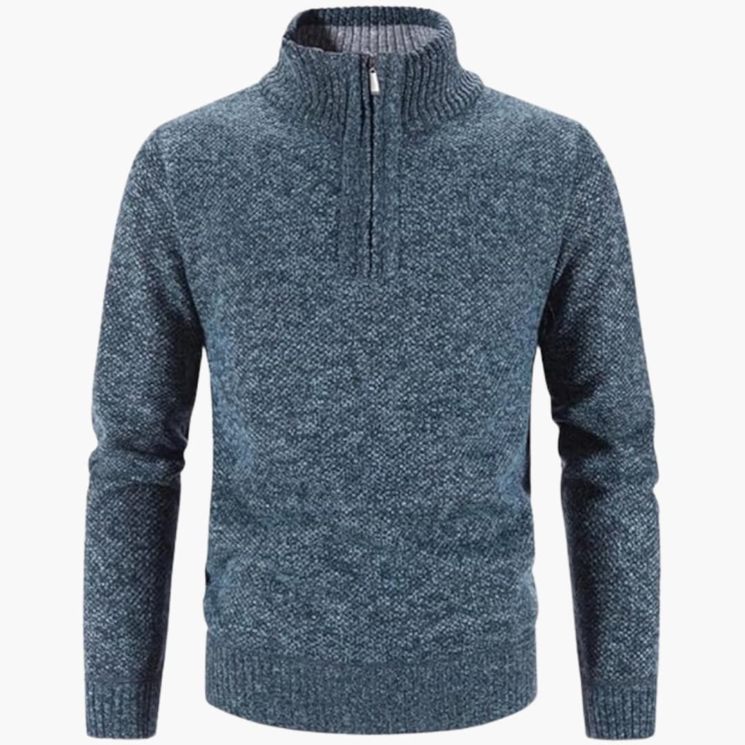Men's gray textured half-zip pullover with ribbed stand-up collar for casual layering