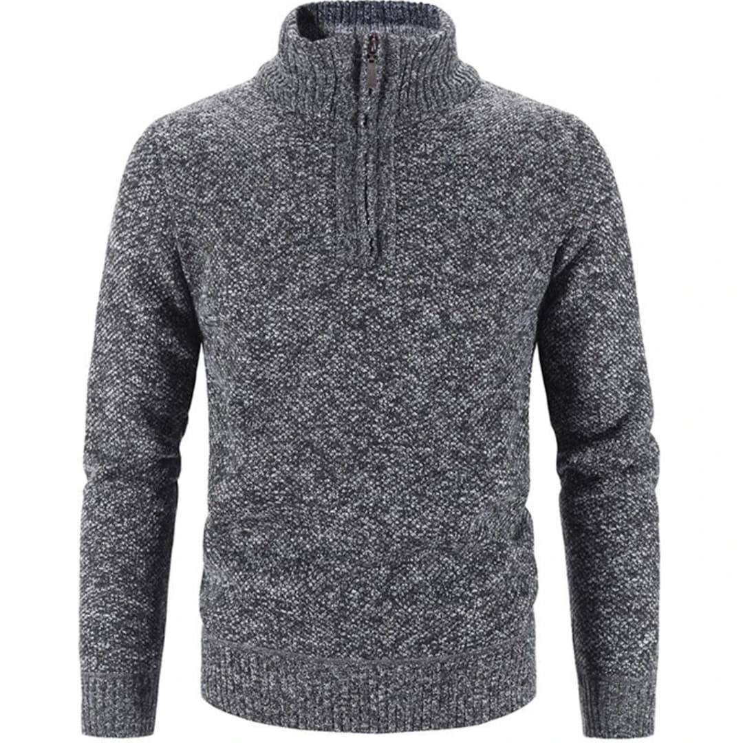 Men's gray textured half-zip pullover with ribbed stand-up collar for casual layering