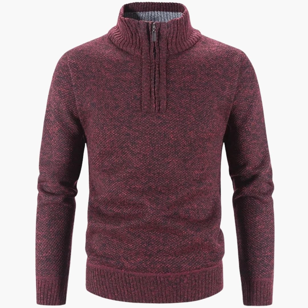 Men's gray textured half-zip pullover with ribbed stand-up collar for casual layered style