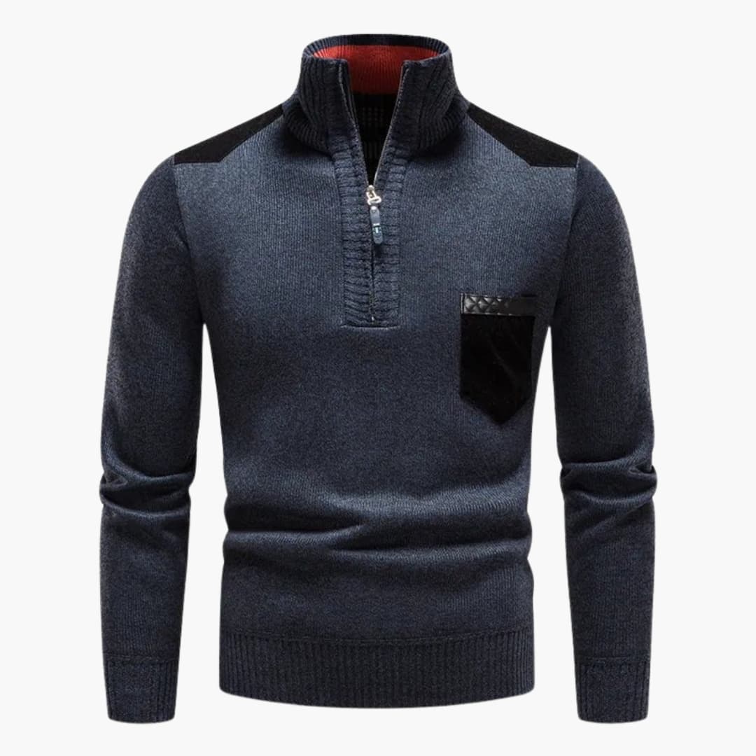 Men's gray half-zip knit sweater with stand-up collar, chest pocket, and ribbed hem for everyday wear