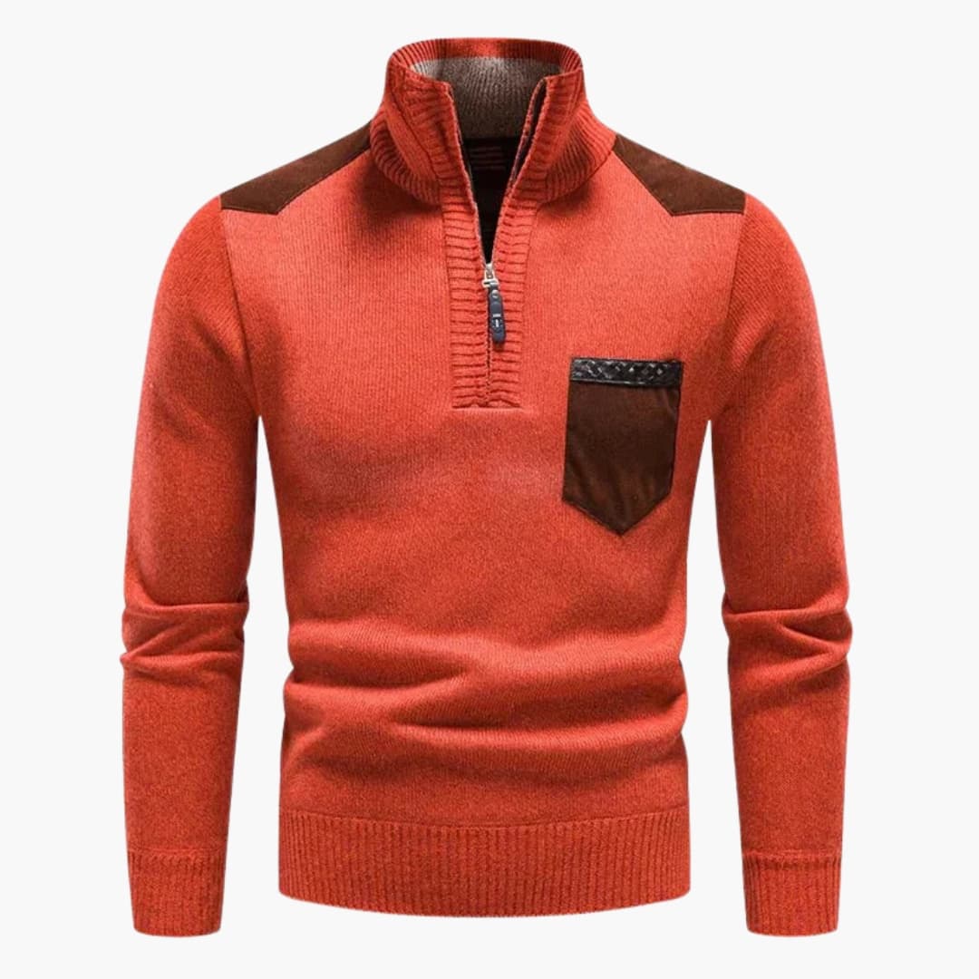 Men's gray half-zip knit sweater with ribbed stand-up collar, chest pocket, and ribbed hem