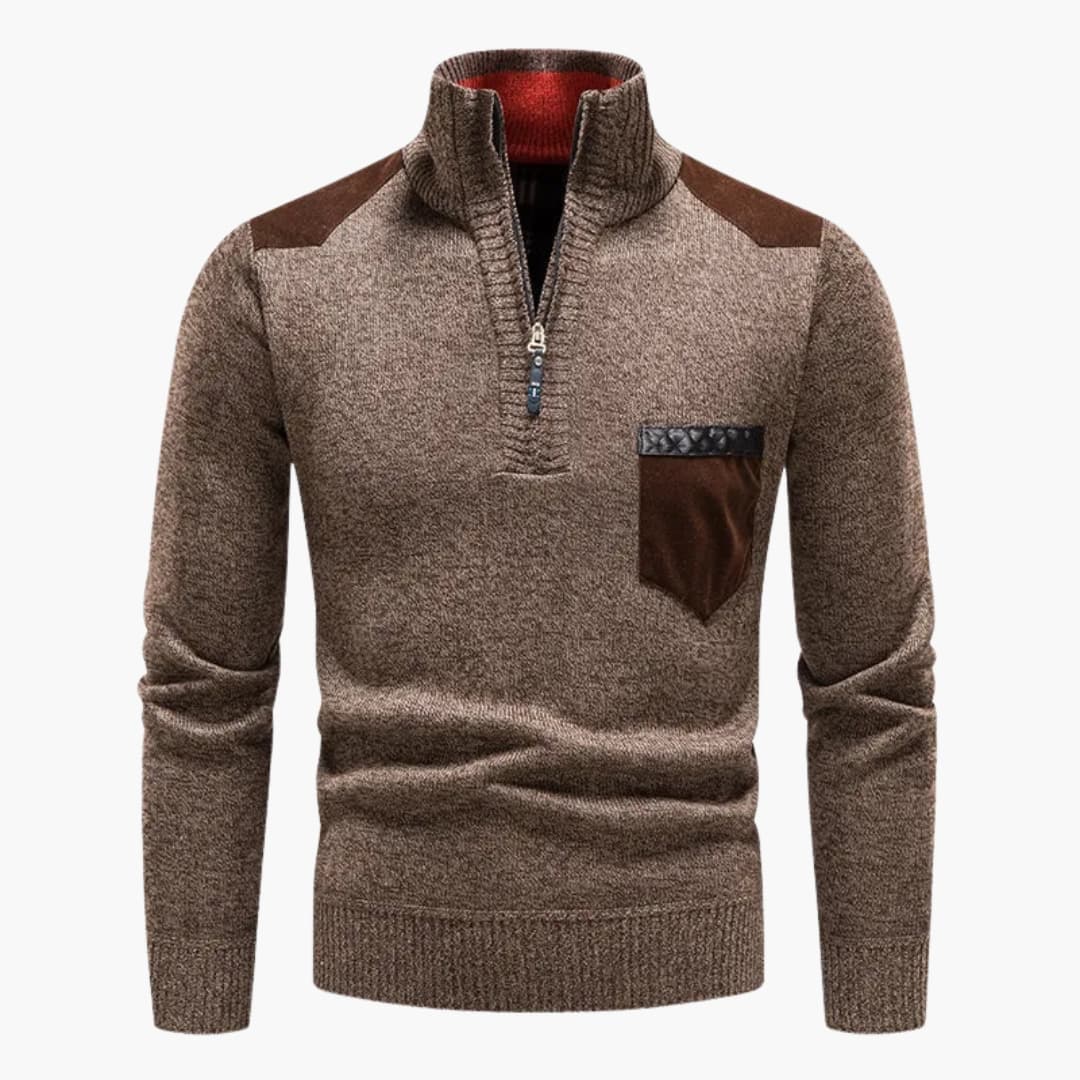 Men's navy half-zip knit sweater with stand-up collar, chest pocket, and ribbed hem for everyday wear