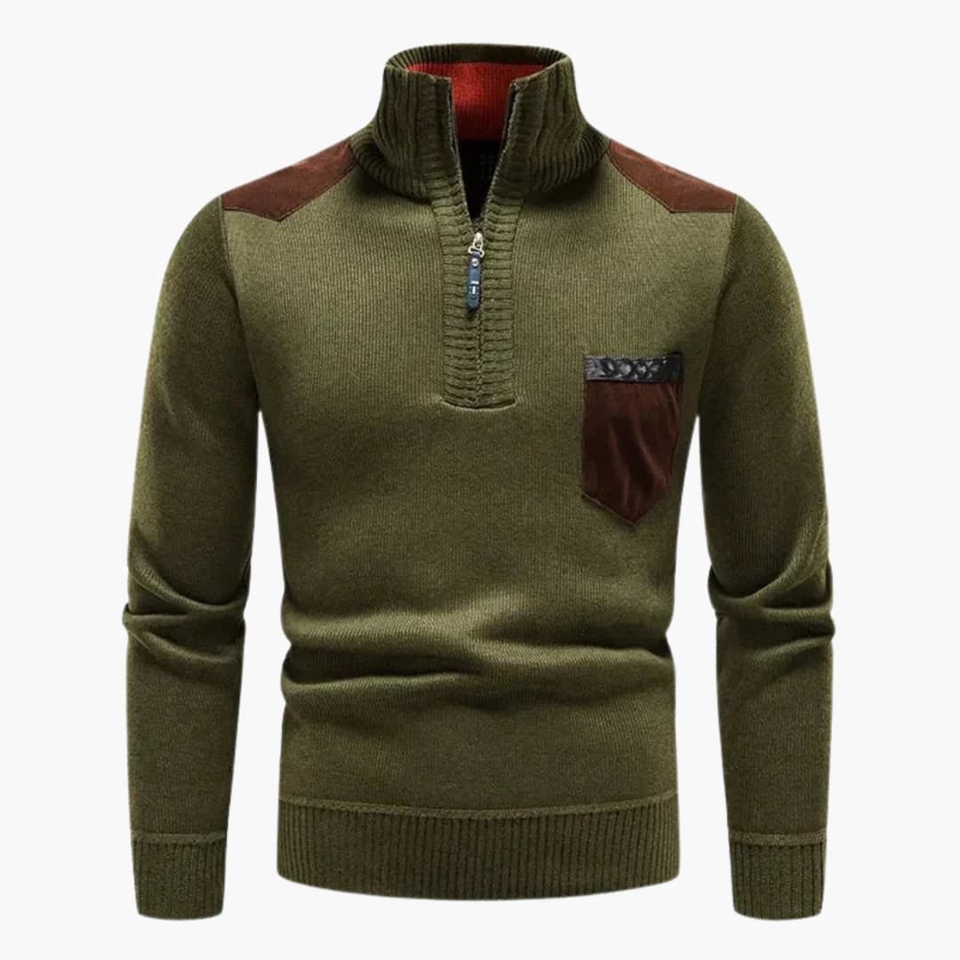 Men's grey half-zip knit sweater with ribbed stand-up collar, chest pocket, and ribbed hem