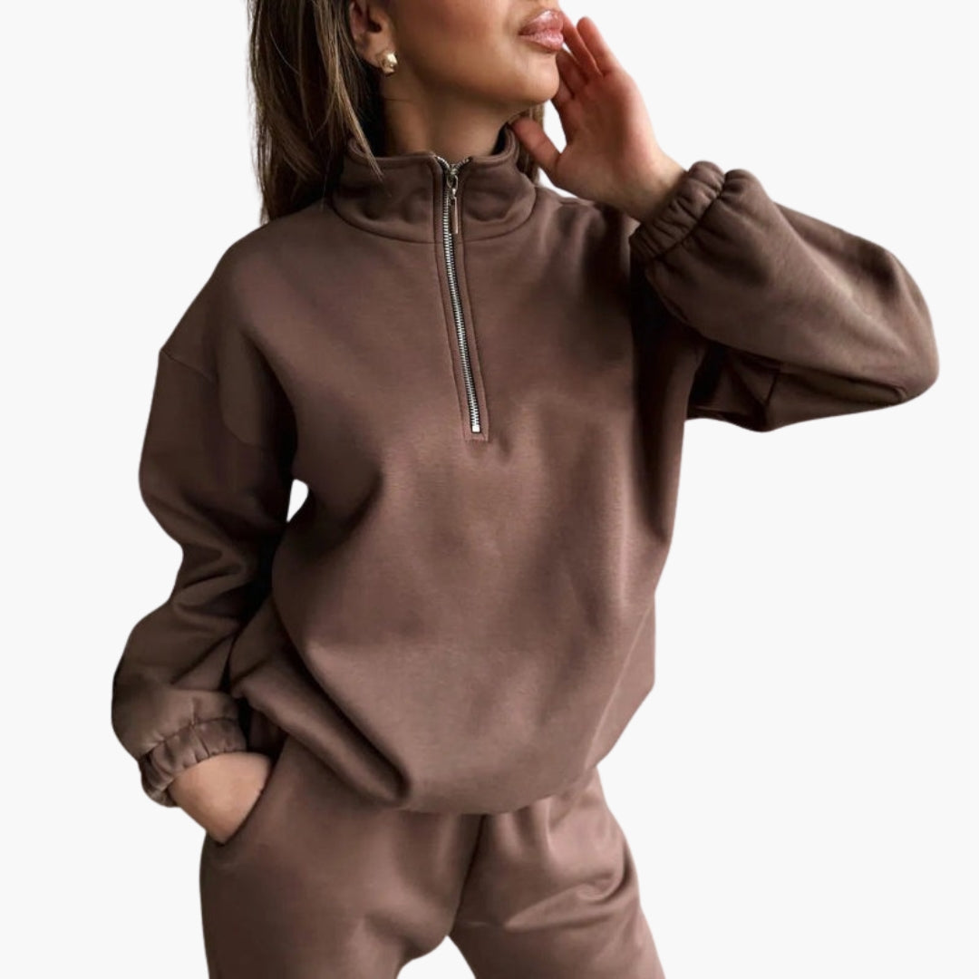 Women's light gray half-zip fleece pullover high neck minimalist activewear cozy lightweight fit