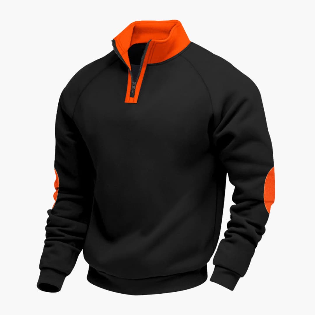 Men's navy sports zip sweater with stand-up collar, raglan sleeves, and elbow detail for active wear