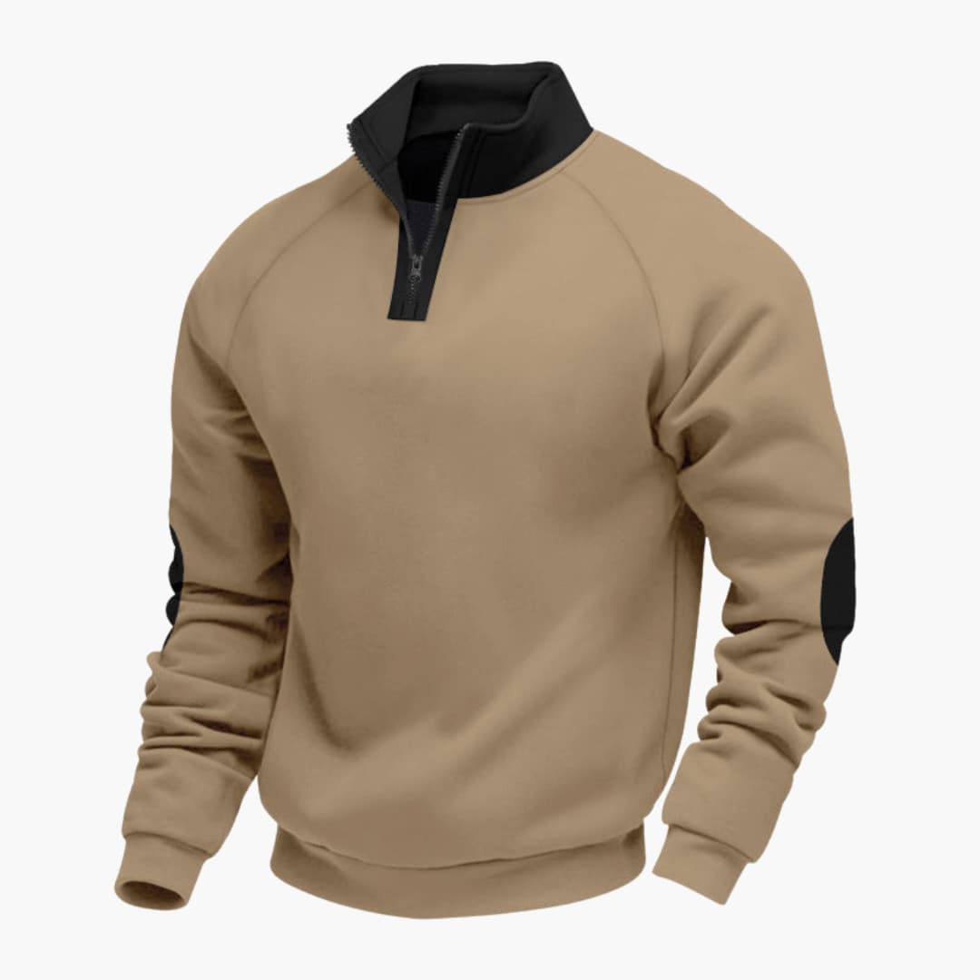 Men's navy sports zip collar sweater with raglan sleeves, stand-up collar, and elbow detail