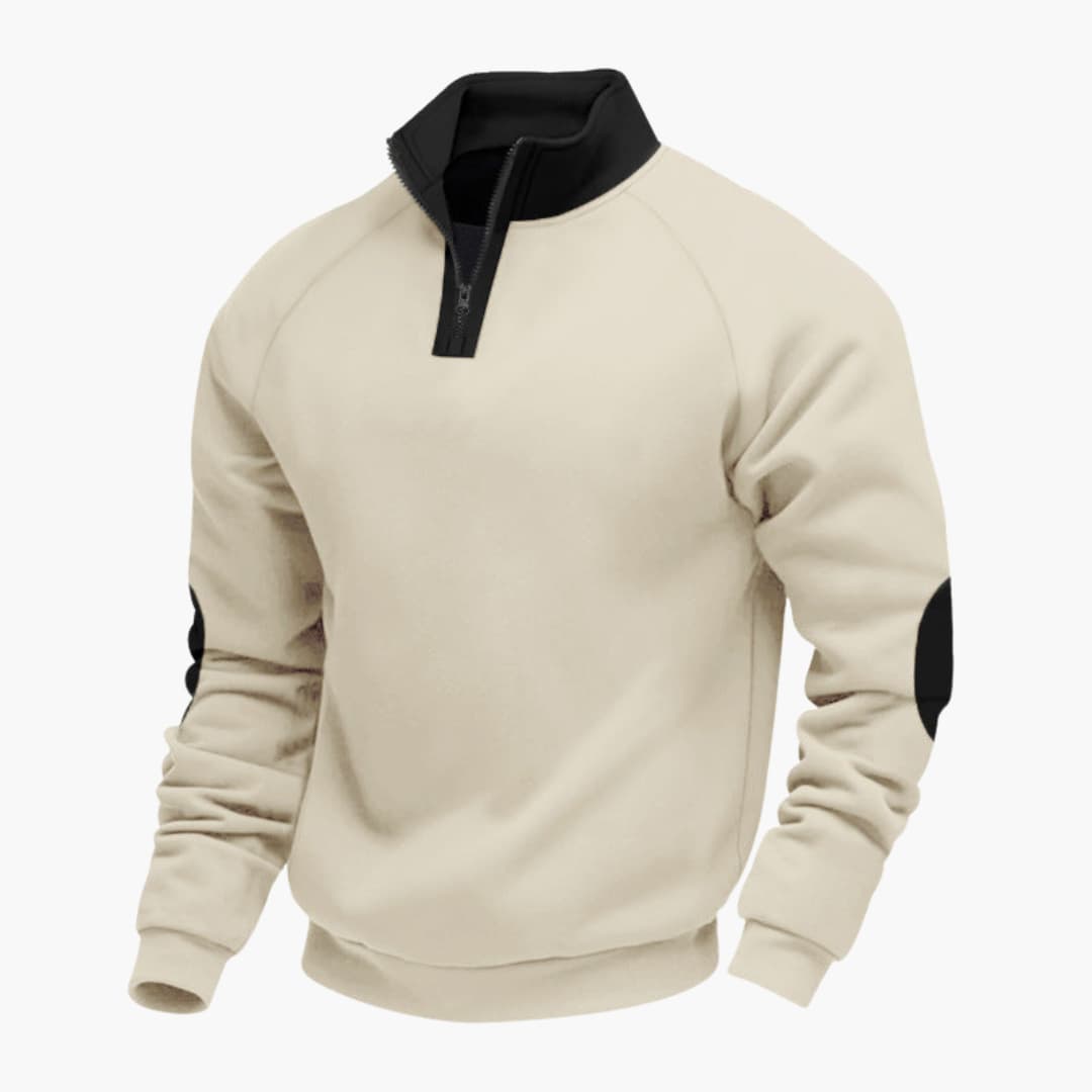 Men's gray zip-collar sports sweater with raglan sleeves and stand-up collar for active wear
