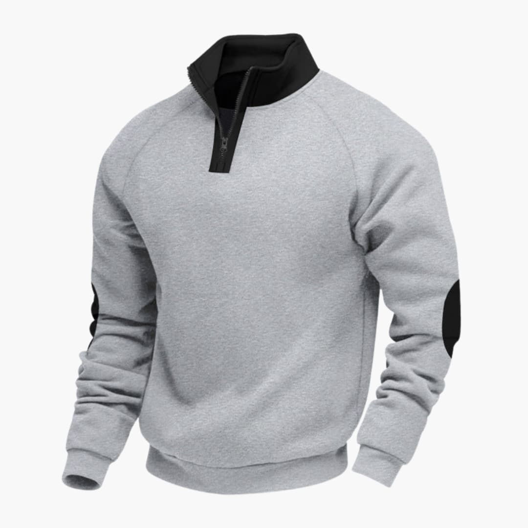 Men's sports zip-collar sweater with raglan sleeves, stand-up collar, and elbow detail accents