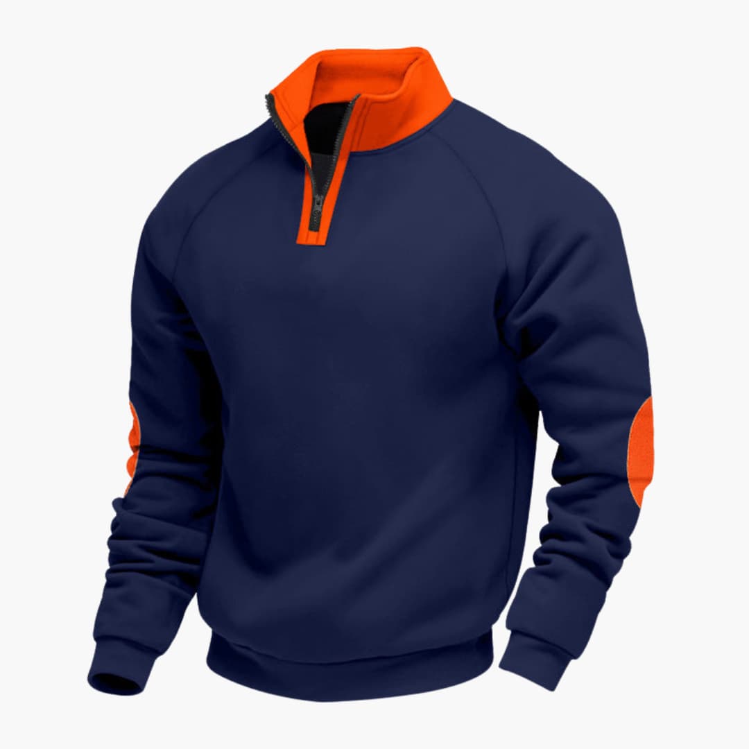 Men's sports zip-collar sweater with raglan sleeves and distinctive elbow detail for active style