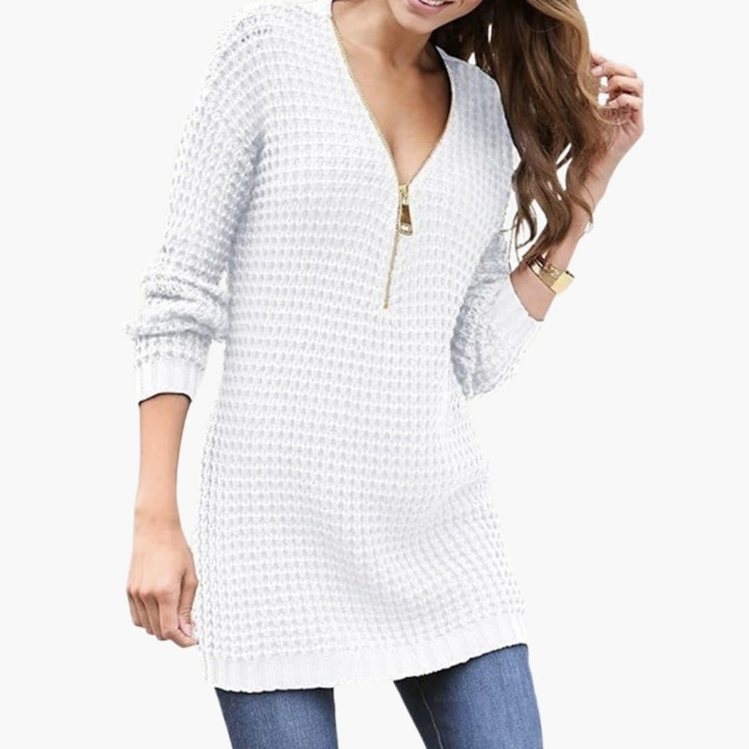 Women's chunky knit sweater relaxed fit textured V-neck zip closure timeless casual style