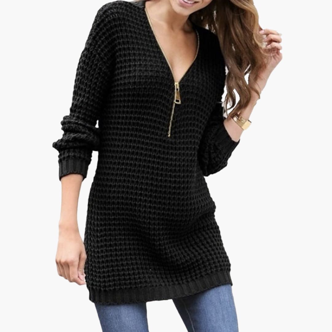 Women's chunky knit sweater relaxed fit zippered V-neck textured pattern casual luxury style