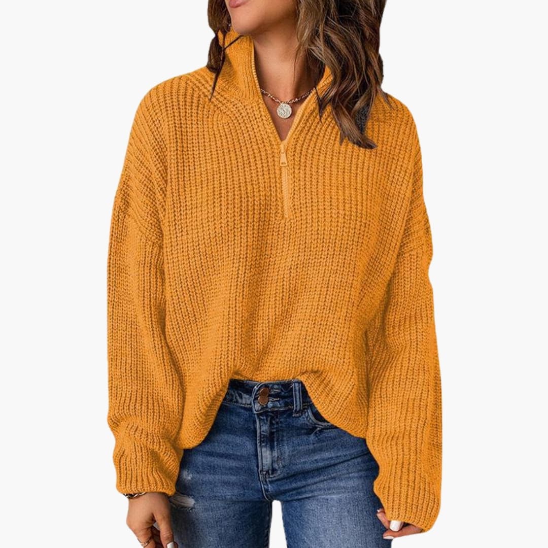 Women's chunky knit sweater in cozy textured relaxed fit with half-zip stand-up collar