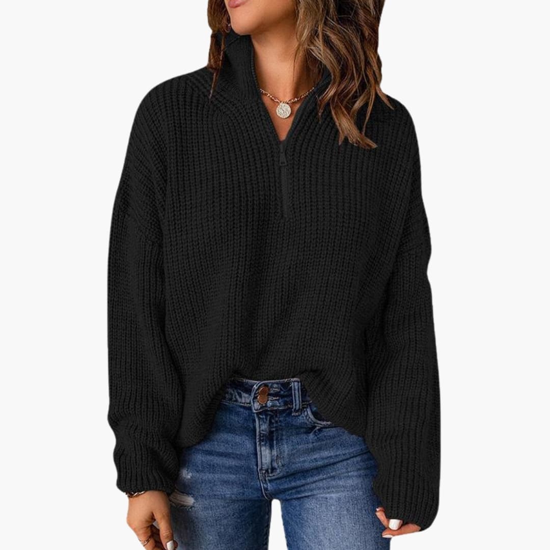 Women's chunky knit sweater beige relaxed fit half-zip stand-up collar cozy textured pullover
