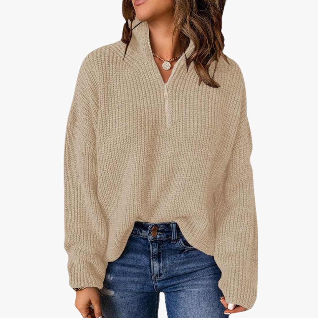 Women's chunky knit sweater half-zip stand-up collar relaxed fit cozy textured pullover