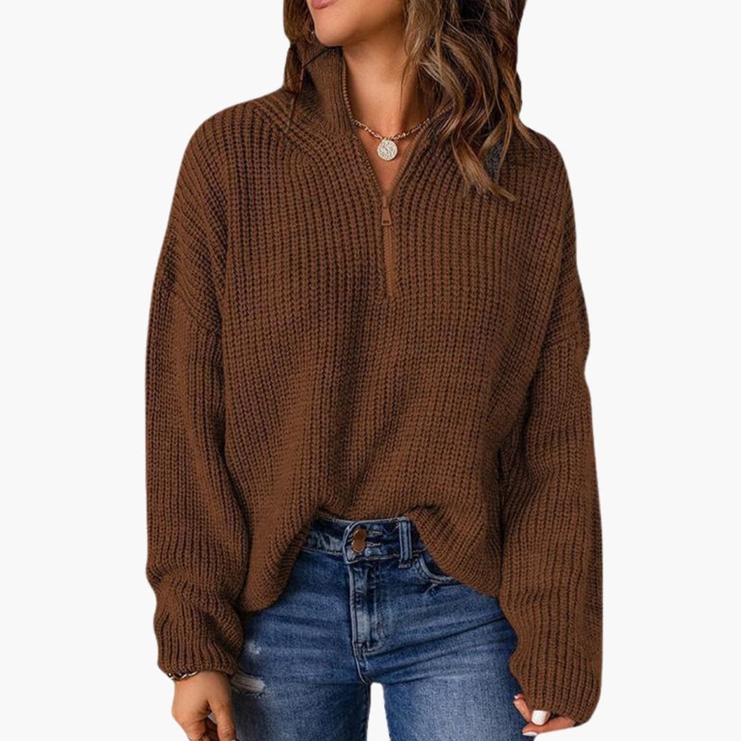 Women's chunky knit sweater, half-zip stand-up collar, relaxed fit, textured cozy pullover
