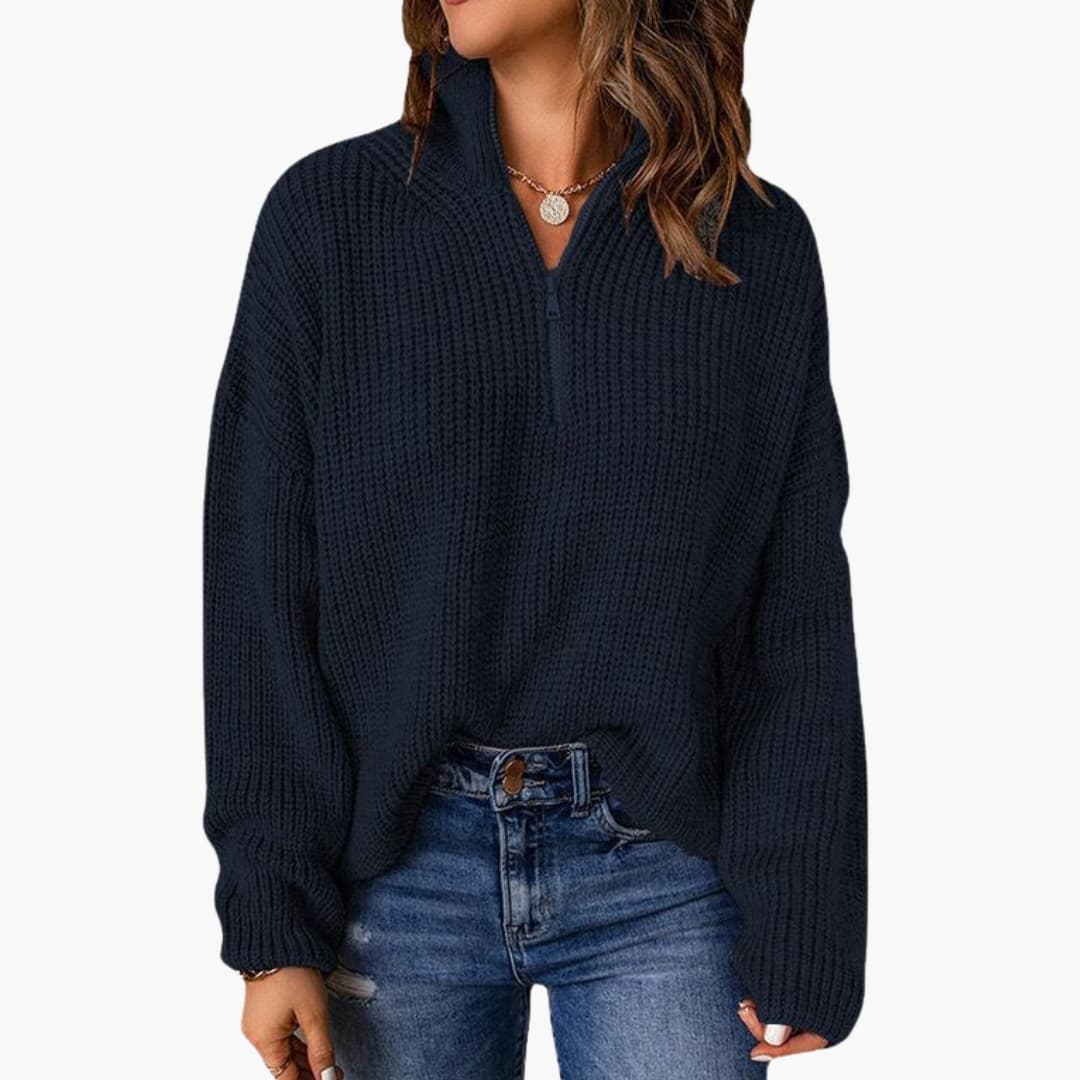 Women's chunky knit sweater beige relaxed fit half-zip stand-up collar textured cozy pullover