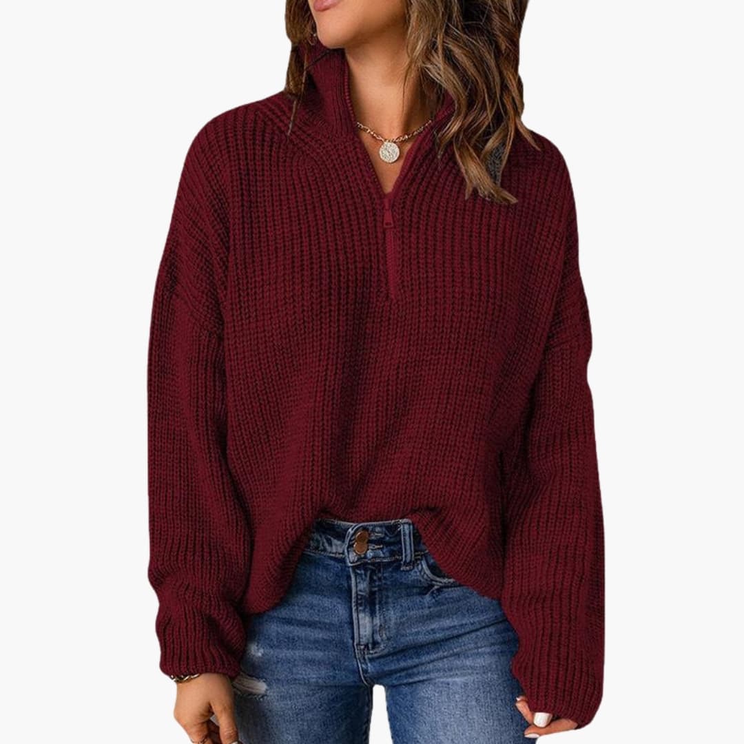 Women's chunky knit sweater beige relaxed fit with half-zip stand-up collar textured cozy style