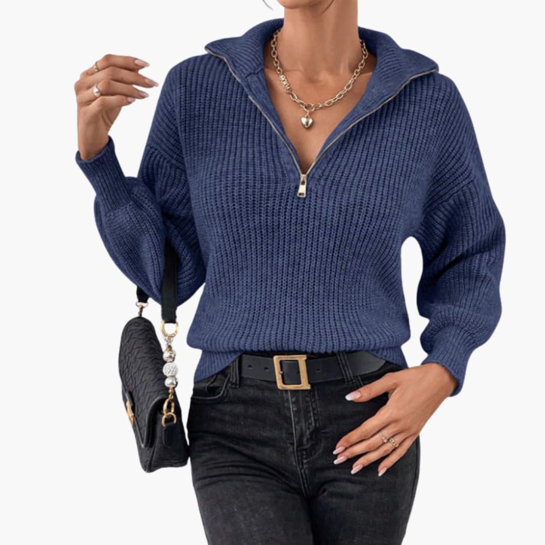 Women's ribbed knit sweater taupe stand-up collar half-zip closure polished everyday style