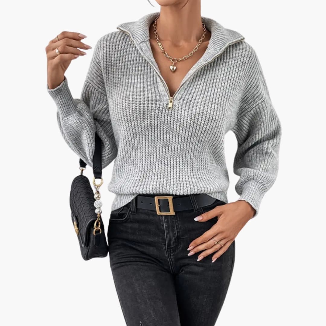 Women's ribbed knit half-zip sweater with stand-up collar, structured texture for polished everyday style