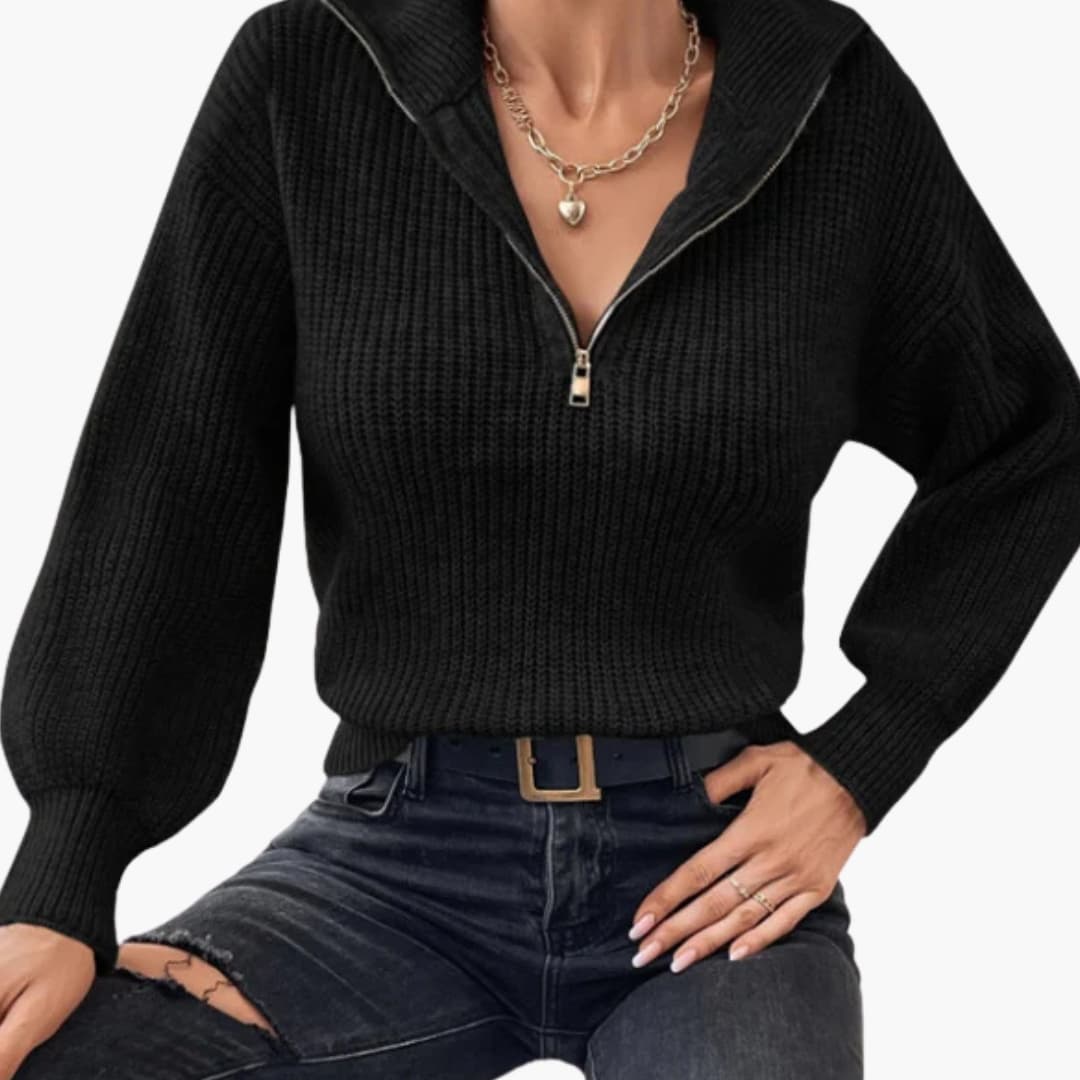 Women's ribbed knit half-zip sweater with stand-up collar, structured texture, polished everyday style