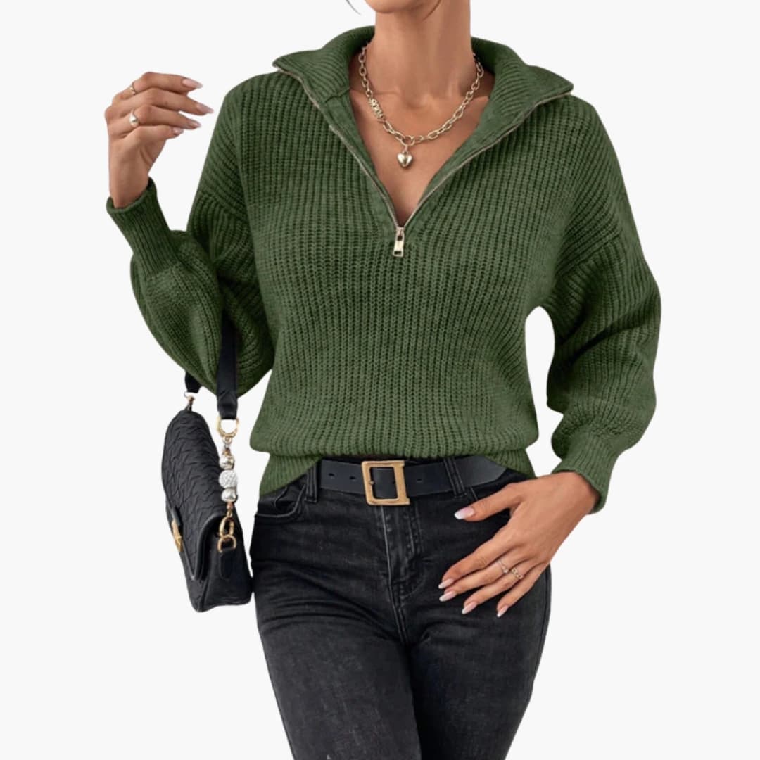 Women's ribbed knit sweater with stand-up collar, half-zip closure, structured texture for polished wear