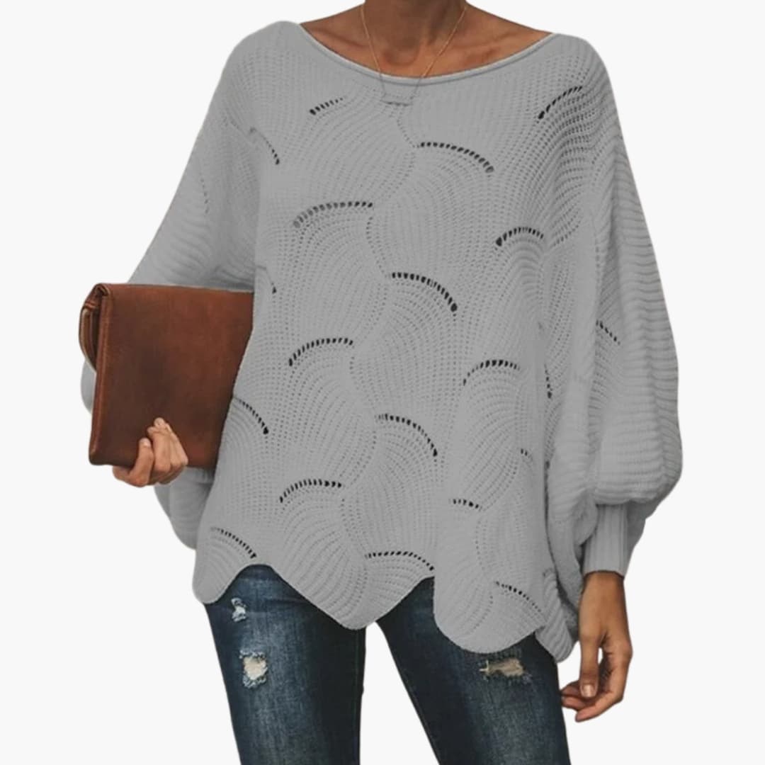 Women's loose batwing sleeve knit sweater with scalloped hem, cozy everyday style