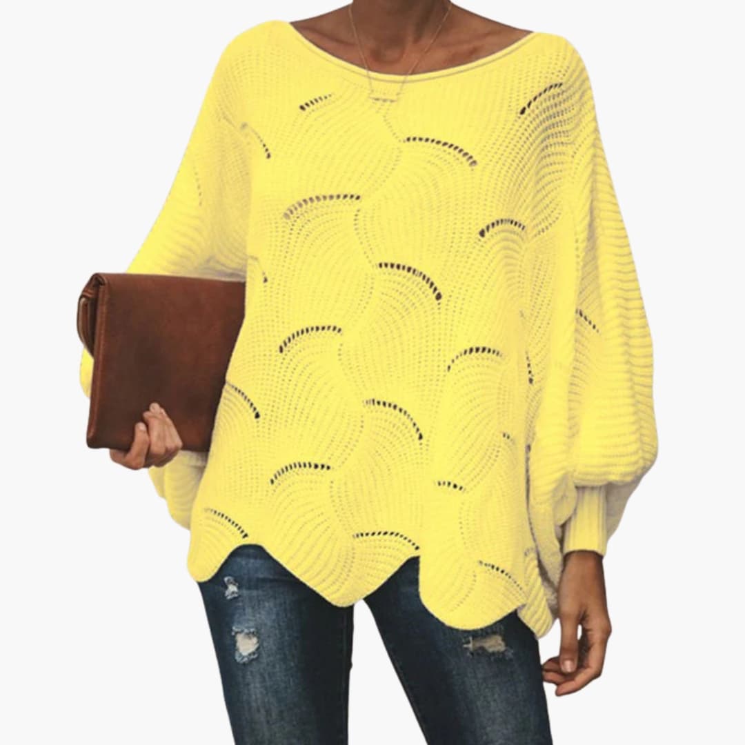 Women's loose knit sweater with batwing sleeves, scalloped hem, cozy everyday style