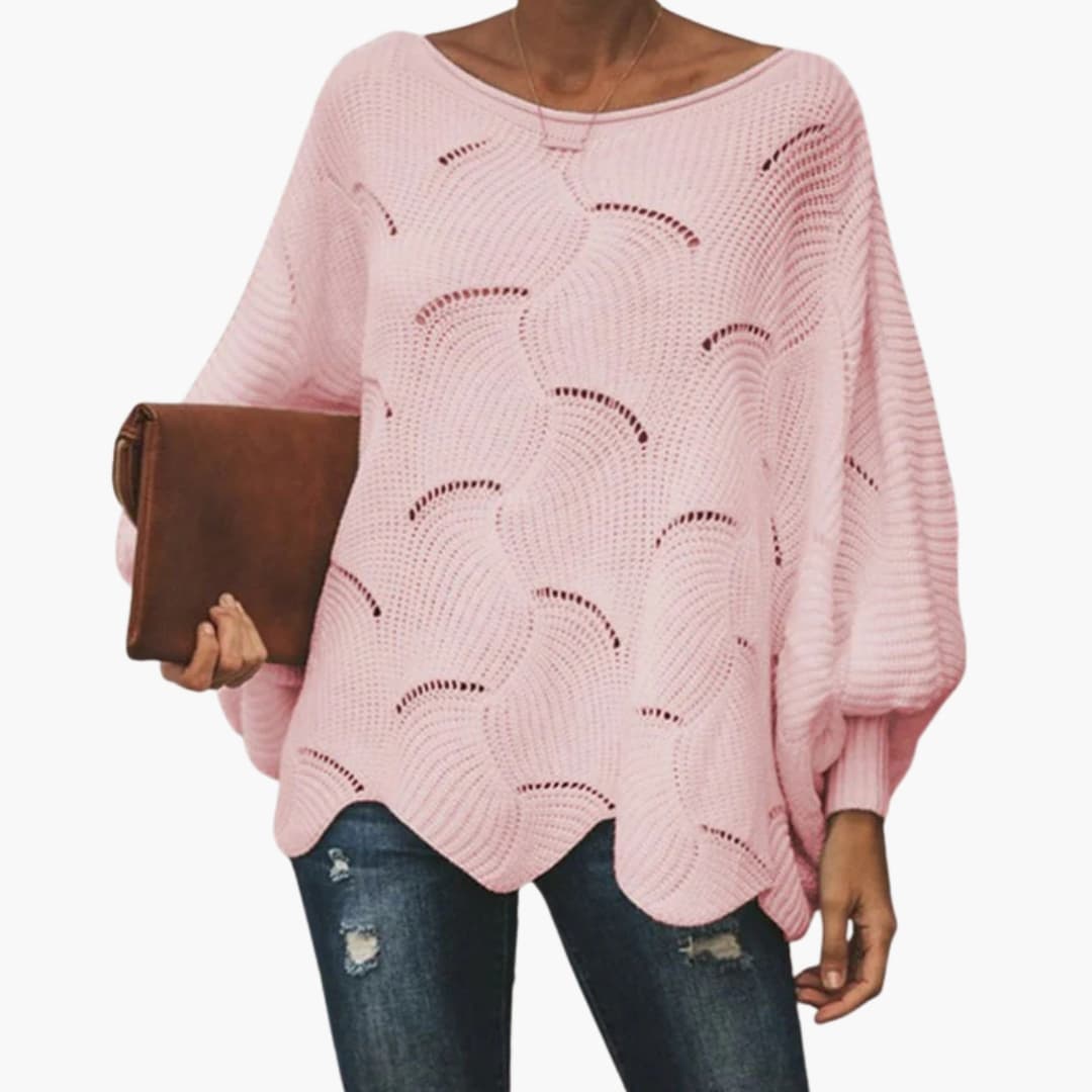Women's loose knit sweater with batwing sleeves, scalloped hem detail, cozy relaxed fit everyday style