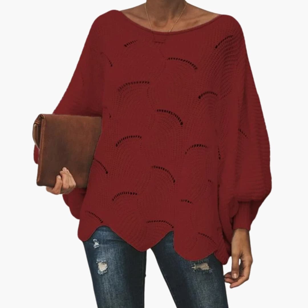 Women's loose knit sweater batwing sleeves scalloped hem cozy everyday relaxed fit