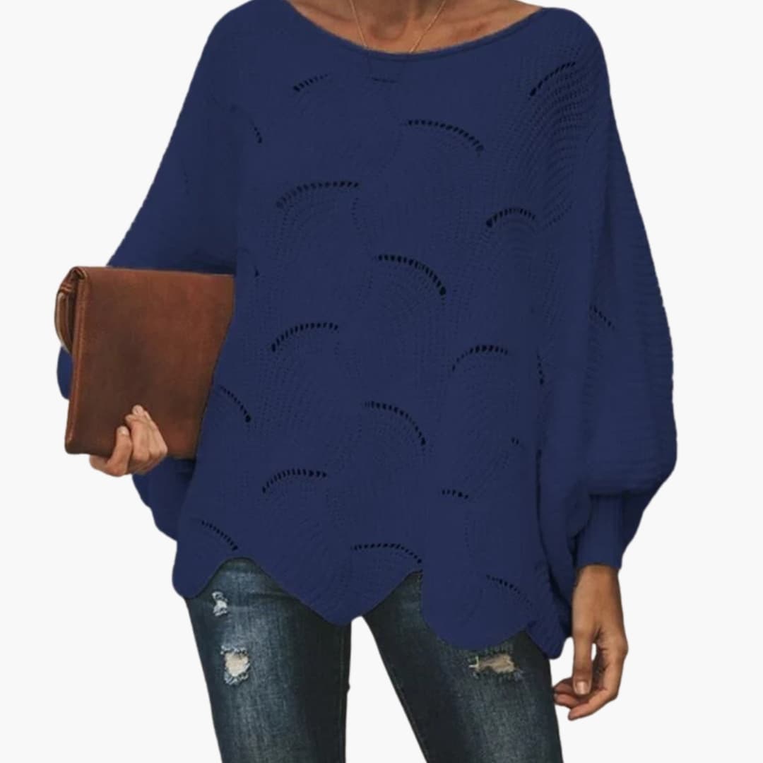 Women's loose knit sweater with batwing sleeves, scalloped hem, cozy everyday style