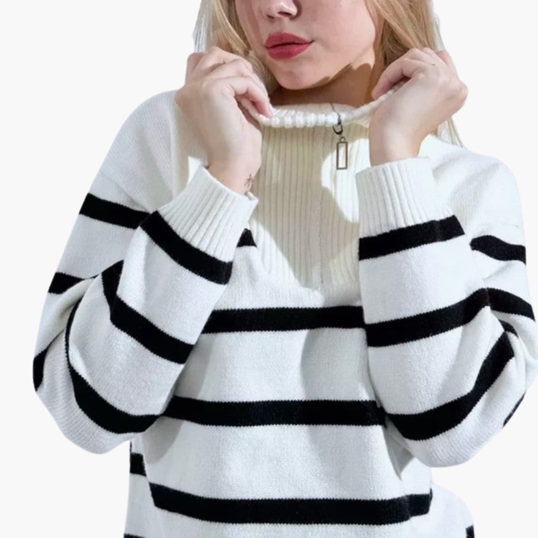 Women's striped knit sweater half-zip collar relaxed fit soft textured cozy essential