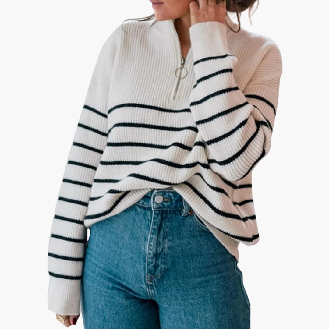 Women's striped knit sweater with half-zip stand-up collar, straight silhouette, cozy textured everyday layer