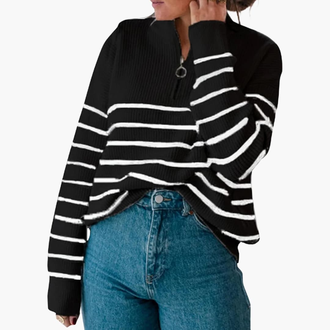 Women's striped knit sweater straight silhouette half-zip stand-up collar cozy everyday layer