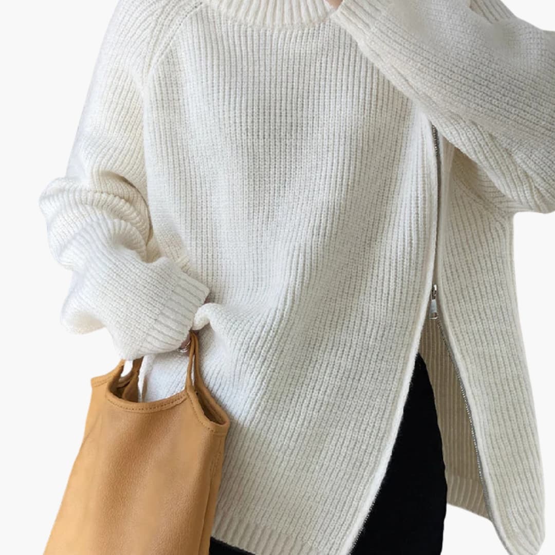 Women's ribbed knit turtleneck sweater with side zipper closure, slim fit, neutral everyday style