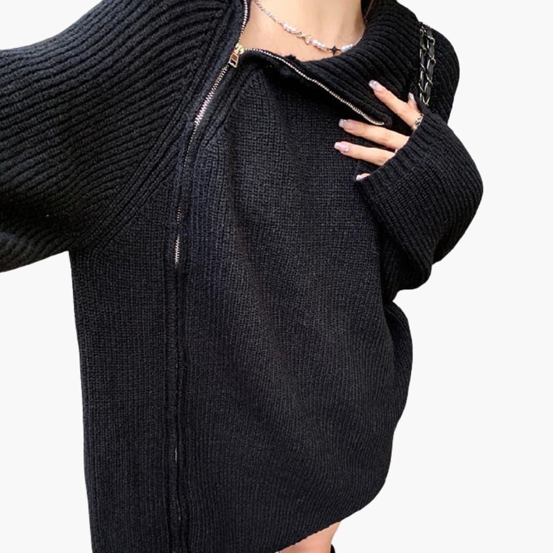 Women's ribbed knit turtleneck sweater with side zipper closure in minimalist everyday style
