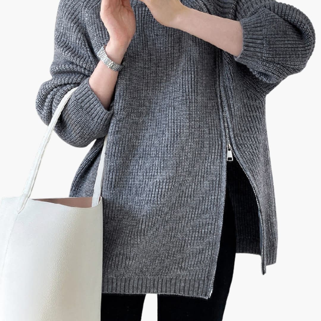 Women's ribbed knit turtleneck sweater with side zipper closure, sleek high collar everyday style