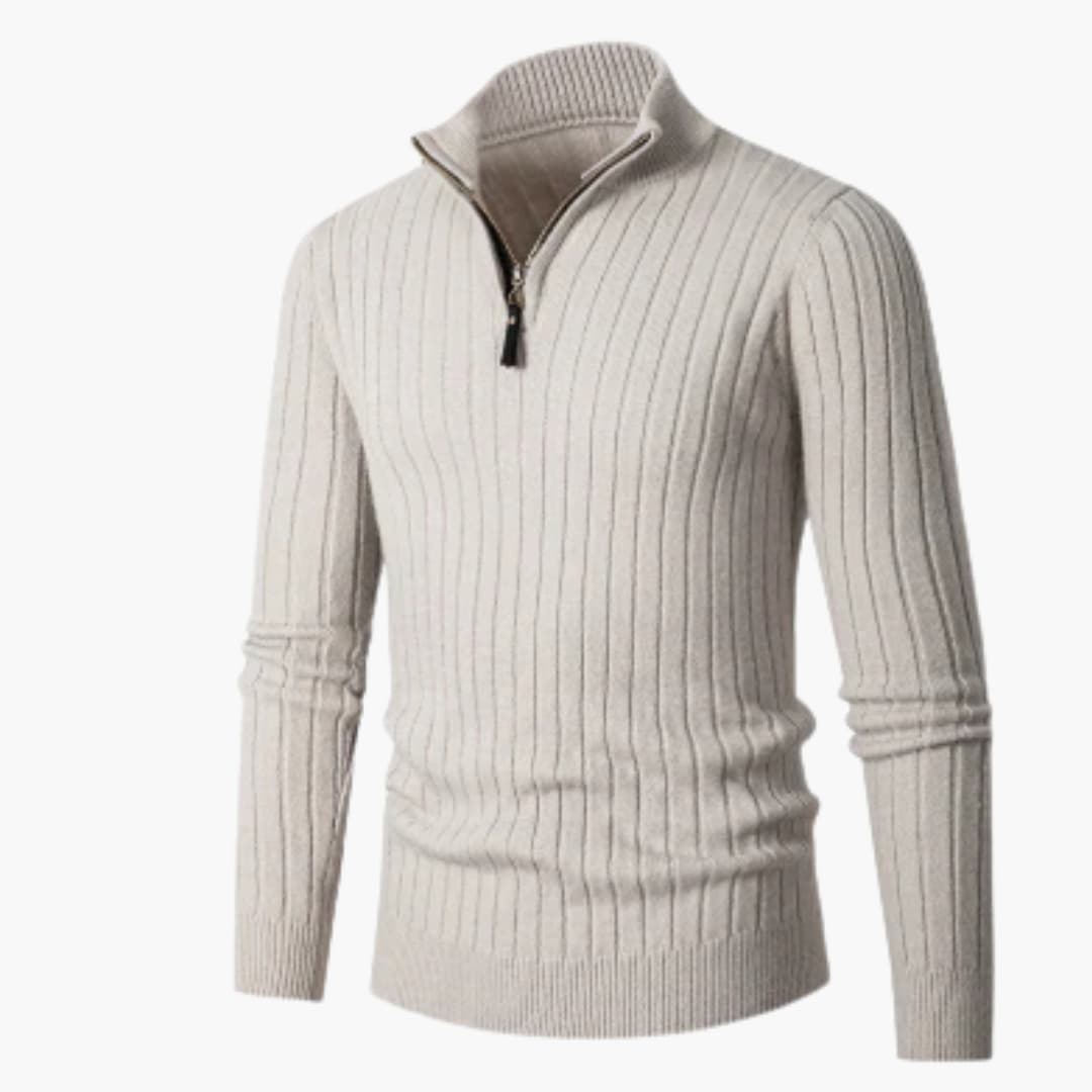 Men's ribbed knit half-zip sweater with stand-up collar, modern slim fit everyday style