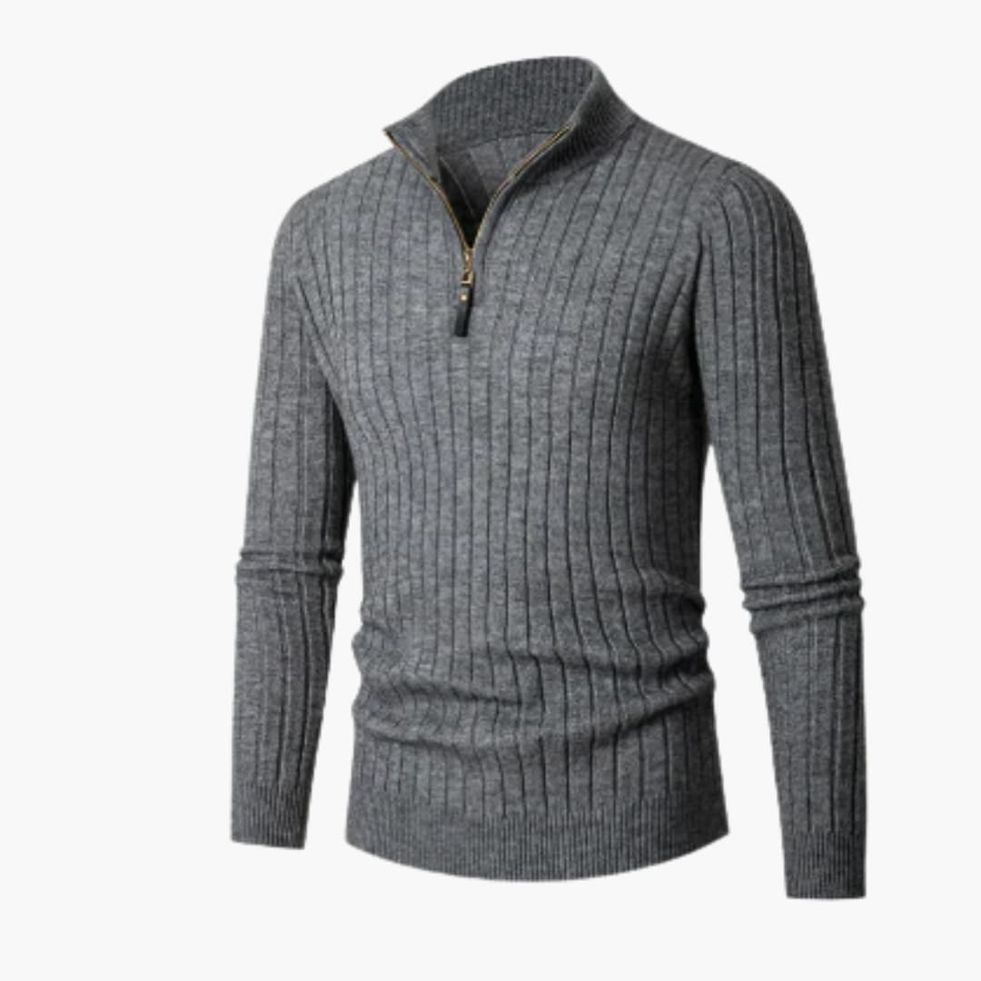 Men's ribbed knit half-zip sweater with stand-up collar, modern slim fit everyday style