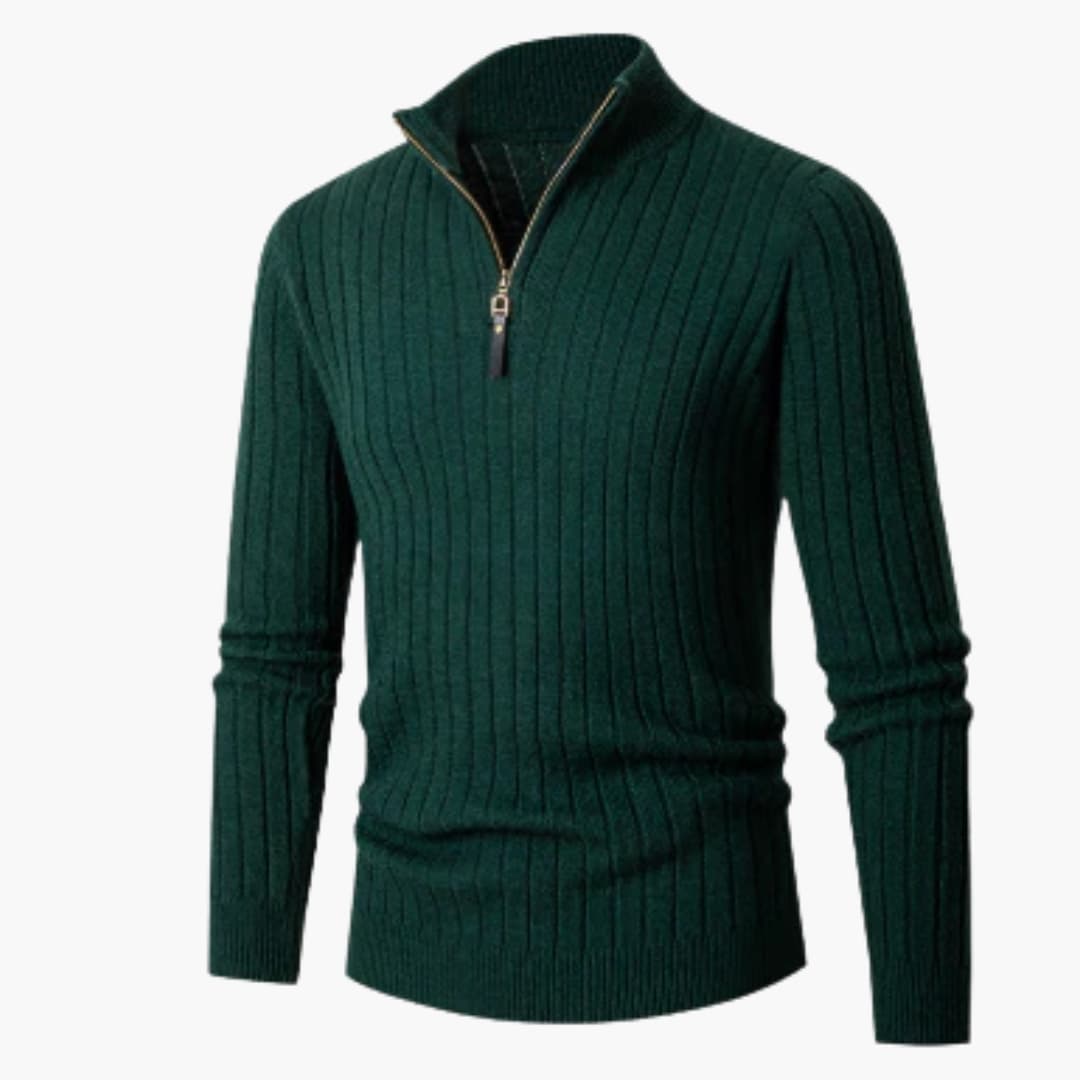 Men's ribbed knit half-zip sweater with stand-up collar, modern everyday style
