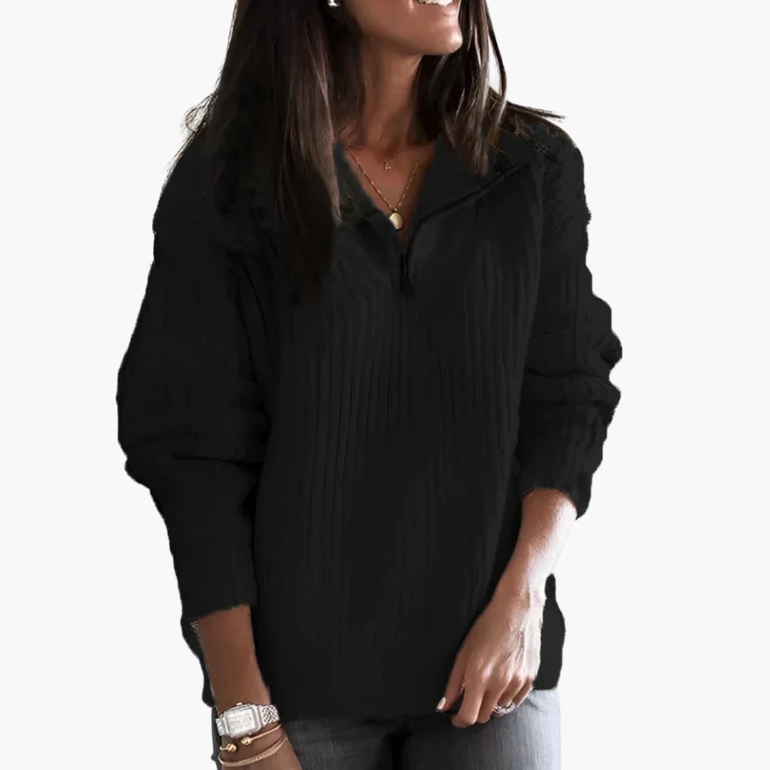 Women's soft knit sweater zip collar relaxed structured fit ribbed texture neutral everyday style