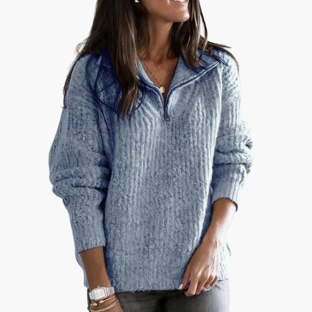 Women's beige ribbed knit sweater relaxed fit with functional zip collar structured silhouette