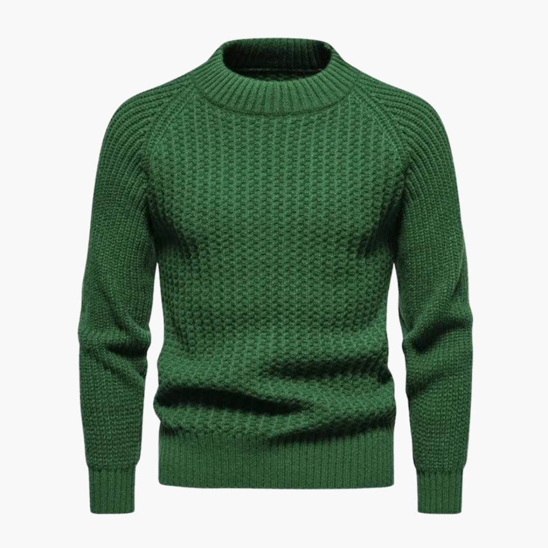 Men's gray waffle knit sweater, classic round neck, embossed texture, straight fit everyday comfort