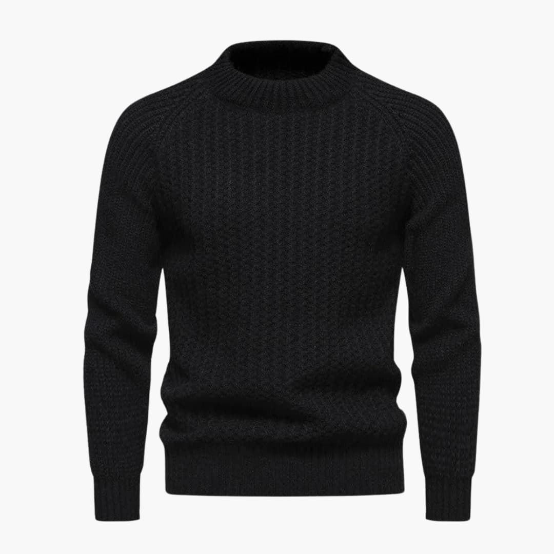Men's waffle knit sweater, classic round neck, embossed texture, straight fit everyday comfort