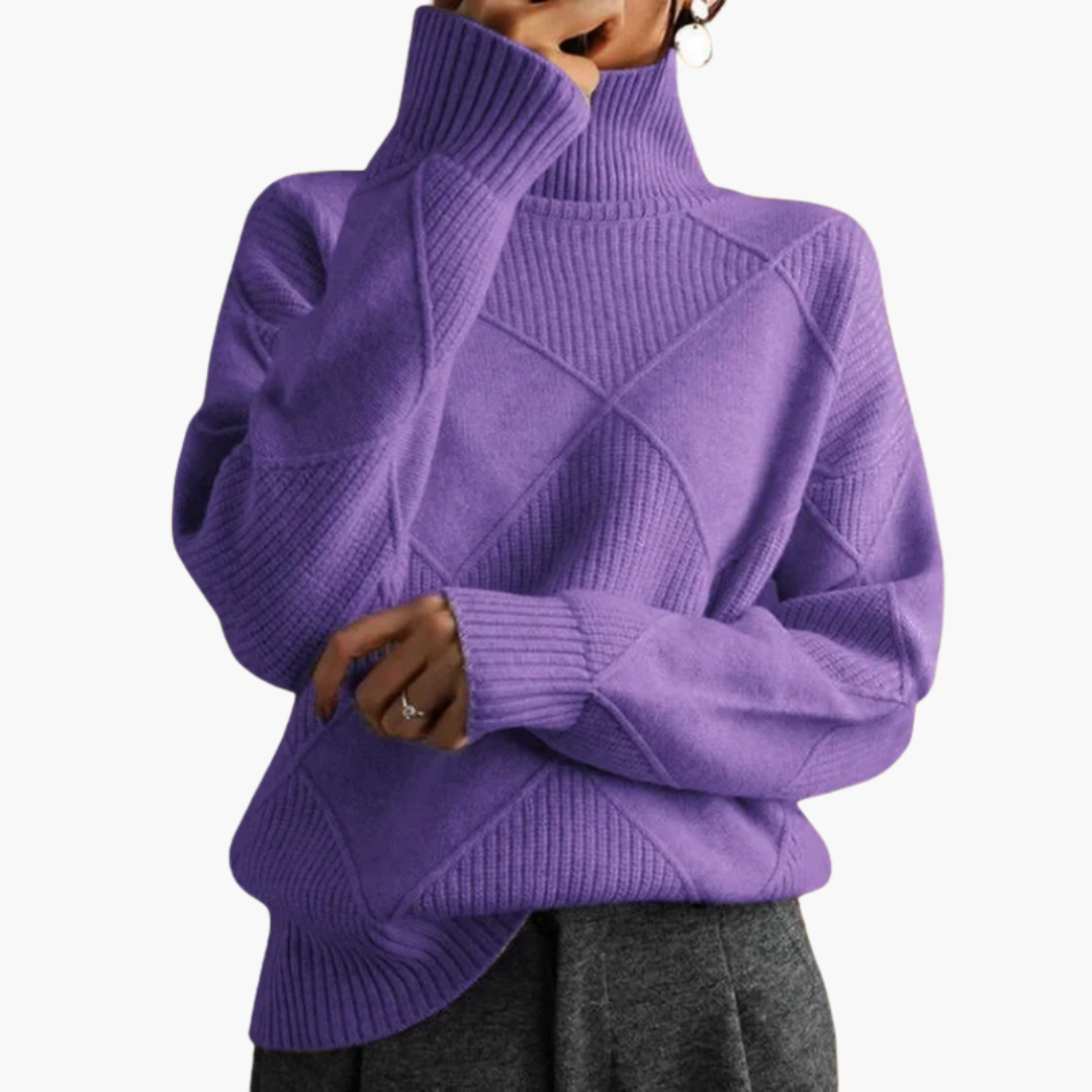 Women's loose-fit mock neck wool knit sweater with geometric pattern, ribbed hem and long sleeves