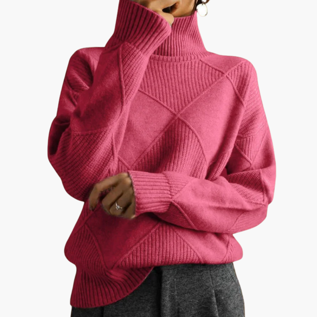 Women's loose-fit wool knit sweater mock neck ribbed hem geometric texture long sleeves
