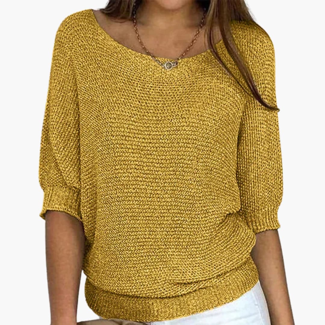 Women's loose fit cozy knit sweater round neck ribbed hem mid-length sleeves casual everyday style