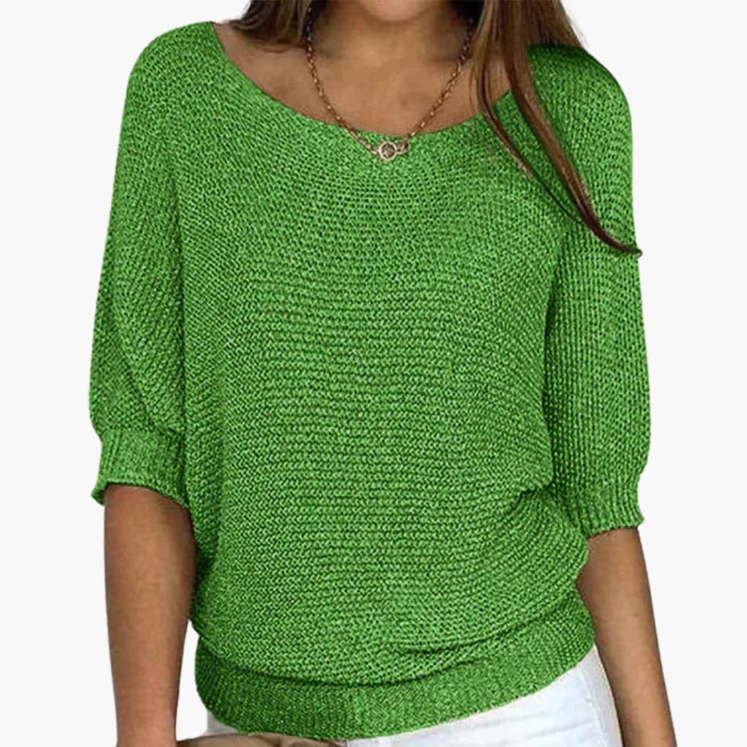 Women's loose fit cozy knit sweater round neck ribbed hem mid-length sleeves casual everyday wear